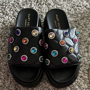 Kurt Geiger Black Quilted Mules with Multicolor Embellishments